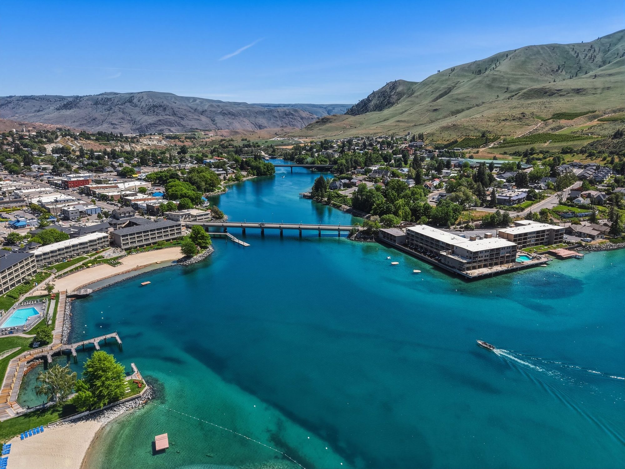 Aerial view of downtown Chelan and the lake